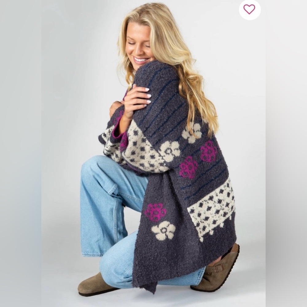Natural Life Calla Jacquard Cardigan Sweater Small Oversized Relaxed - Picture 2 of 11